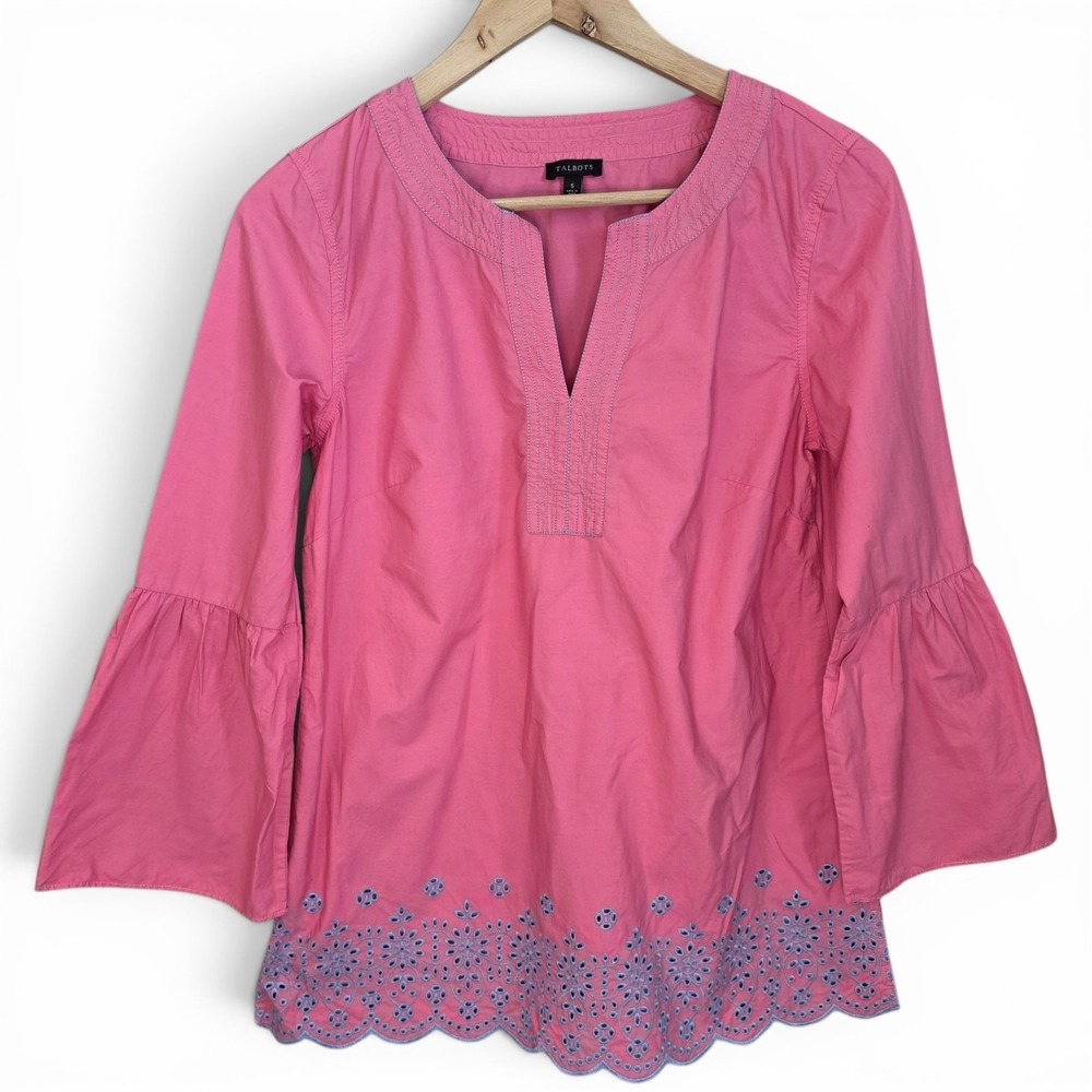 Talbots Top Womens Small Pink Blue Eyelet Hem Blouse Bell Sleeve‎ V Neck Casual